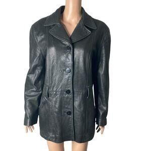 Winlit New York Leather Coat Womens Large Black Soft Leather Button Front